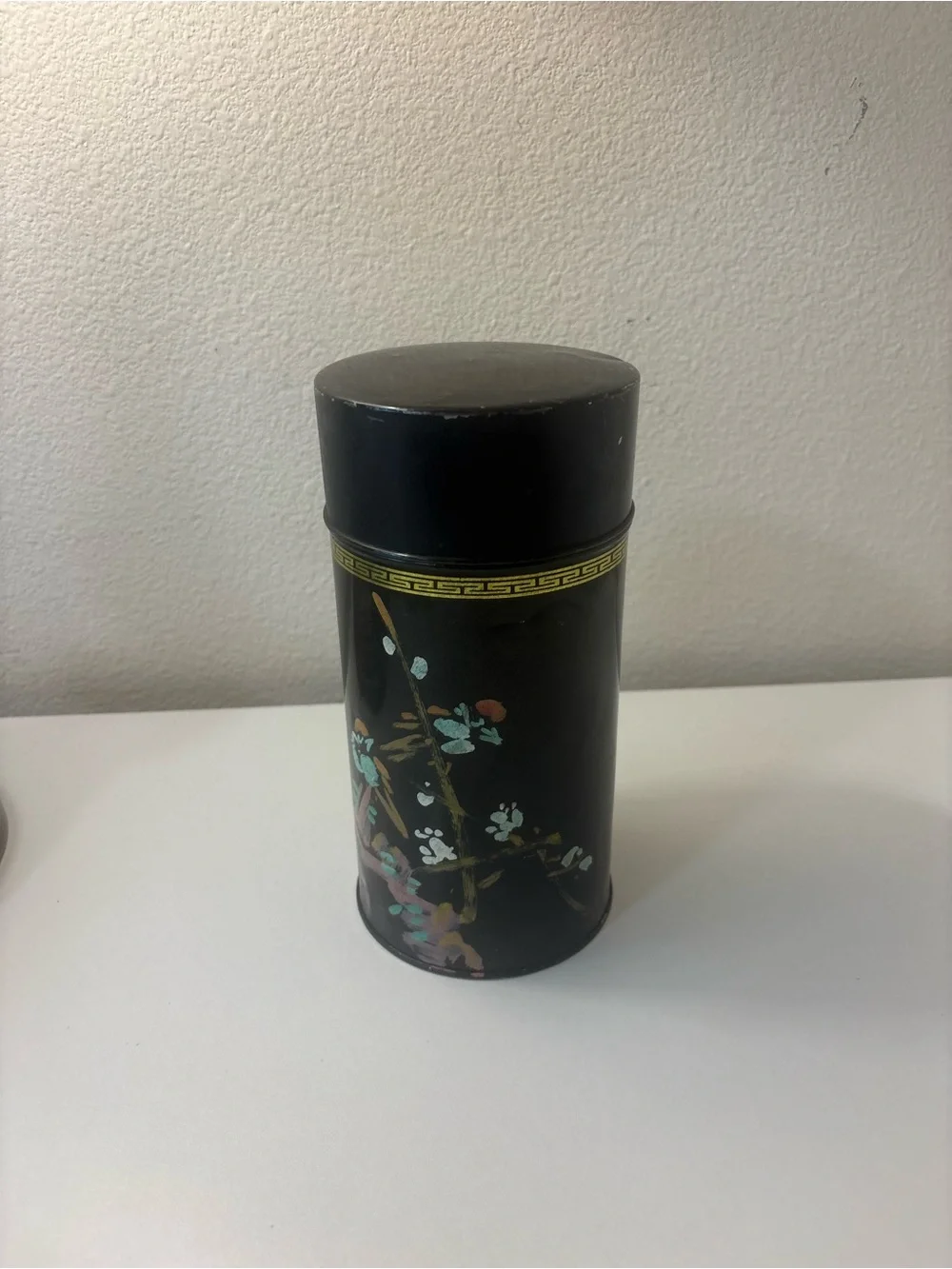 Vintage Taiwanese Tea Tin 1949-52 Black Gold Chinoiserie Can
